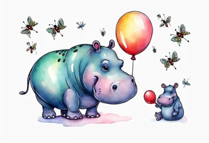 Whimsical tattoo of a hippo holding a balloon with a bug on it. Colorful and cute tattoo idea