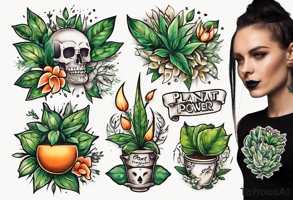 Words “Plant Power” with plants tattoo idea