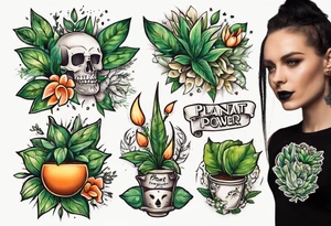 Words “Plant Power” with plants tattoo idea