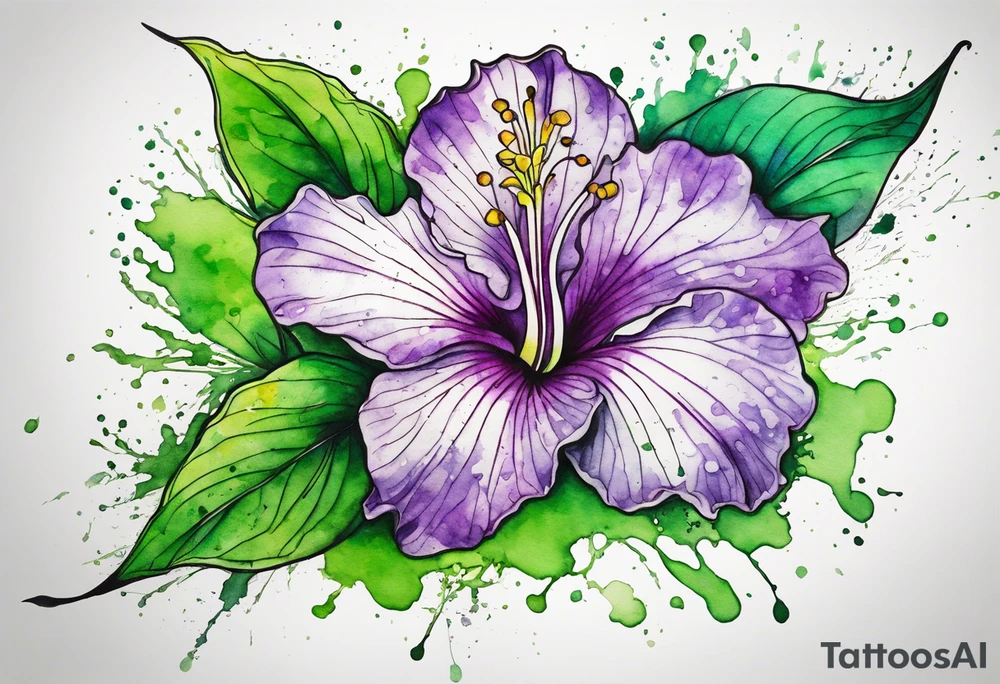 An outline of an only green rio dipladenia flower and a green and purple watercolor splash in the background tattoo idea