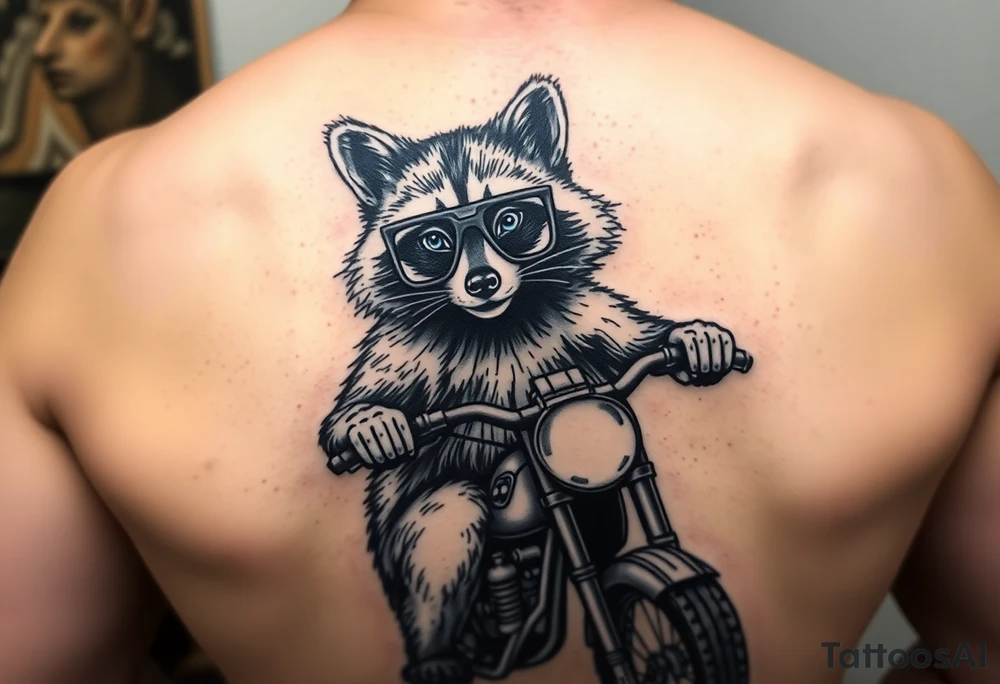 Full body Raccoon with thick square glasses, riding a dirtbike tattoo idea