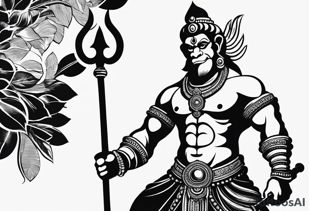 A simplified depiction of Hanuman, focusing on clean lines and minimal detail to capture his essence. Key features like his face, his mace (gada), and his posture could be subtly defined, without overwhelming detail. Avoid intricate textures, focusing more on silhouette and key symbolic elements.

ensure his entire body and tail 
is in the design tattoo idea