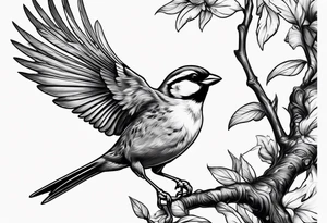 Sparrow taking off from breaking branch tattoo idea