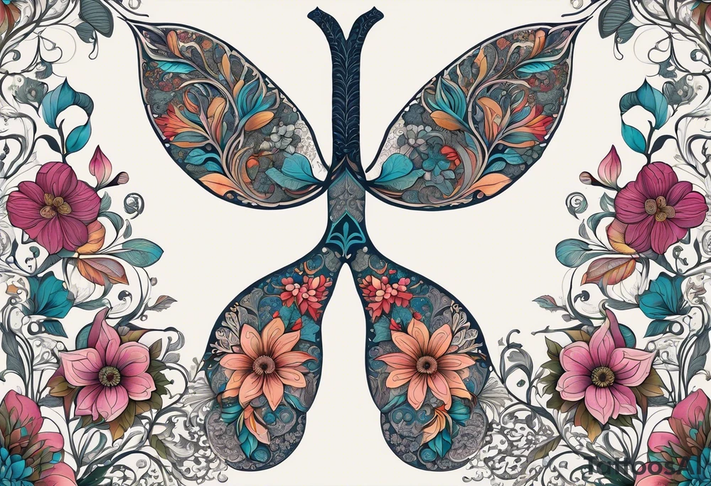 intricate and artistic arrangement of flowers and ornamental patterns that come together to form the shape of human lungs. The design should have a balance of delicacy and detail, with vibrant floral elements seamlessly intertwining to mimic the structure of the lungs, including the bronchi branching into floral motifs. Incorporate subtle shading and depth to give the tattoo a dynamic and organic feel, while maintaining elegance and symmetry tattoo idea