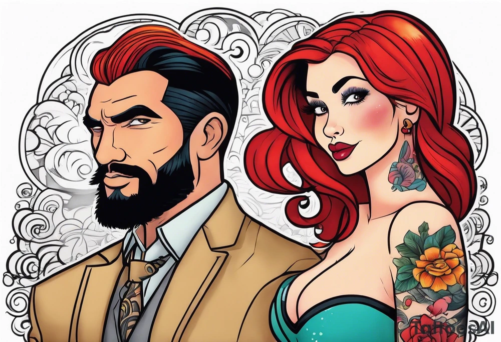 Busty Red haired woman with tall black haired man tattoo idea