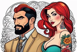 Busty Red haired woman with tall black haired man tattoo idea