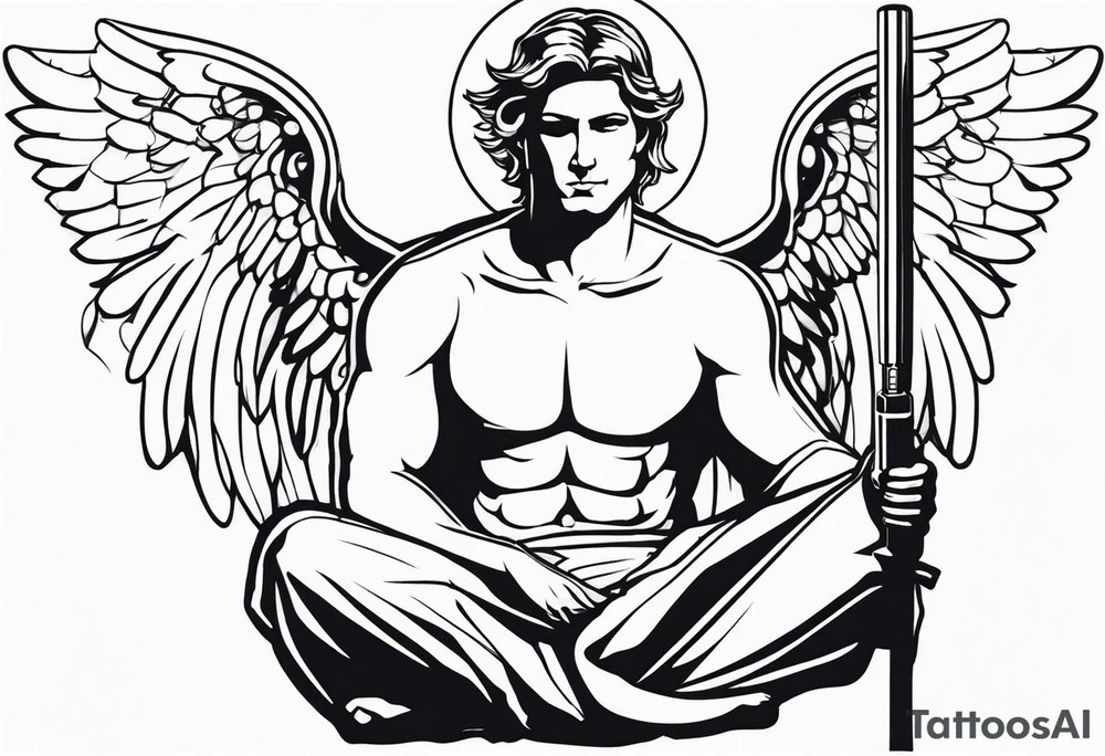 male angel with a halo sitting peacefully holding a modern fishing rod tattoo idea