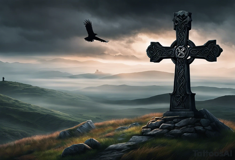 A stone Celtic cross solemnly standing atop a hill, a raven perches atop the cross staring out over the desolation. A ruined stone wall lies crumbling near the cross. Mist rolls along the hilltops adding to the melancholic nature of the scene tattoo idea