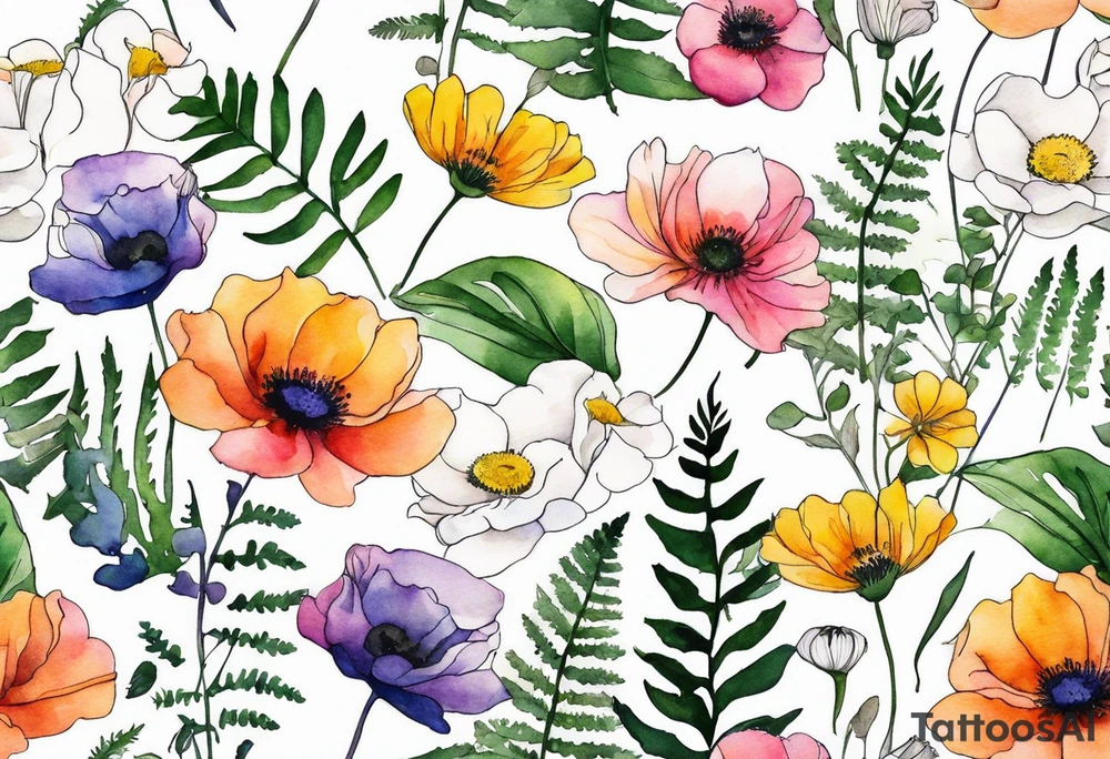 Minimalist Multicolored wild flowers with ferns and white anemone all watercolor tattoo idea