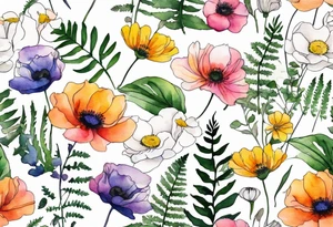 Minimalist Multicolored wild flowers with ferns and white anemone all watercolor tattoo idea
