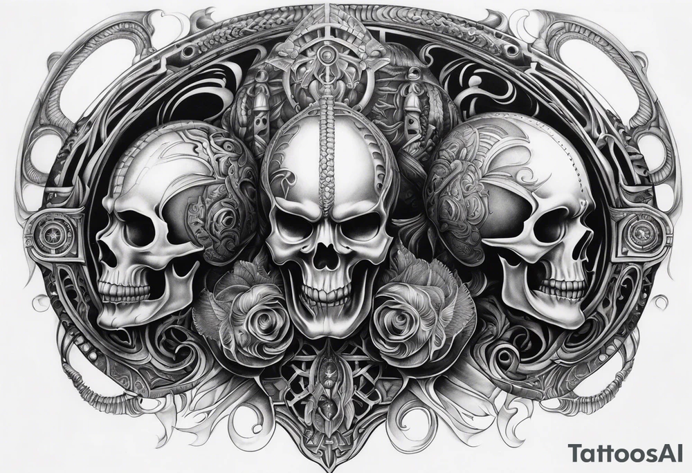 H.R Giger style thigh tattoo with skulls tattoo idea