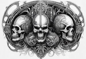 H.R Giger style thigh tattoo with skulls tattoo idea