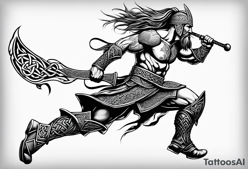 Full body side profile of Celtic warrior running into battle tattoo idea