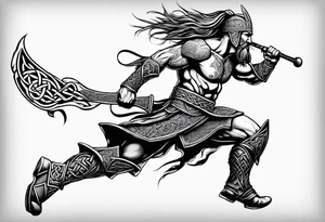 Full body side profile of Celtic warrior running into battle tattoo idea