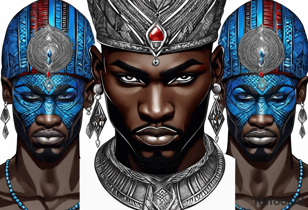 Black-skinned bald african warrior. He has a silver crown. He wears two simple necklaces: one blue, other red. Looking front tattoo idea