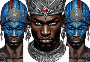 Black-skinned bald african warrior. He has a silver crown. He wears two simple necklaces: one blue, other red. Looking front tattoo idea