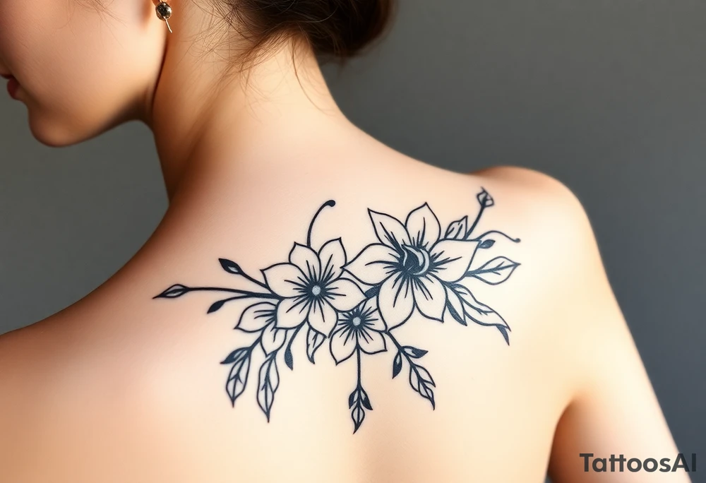 botanical tattoo with flowers such as tulips and lilies and cherry blossoms on the upper arm tattoo idea