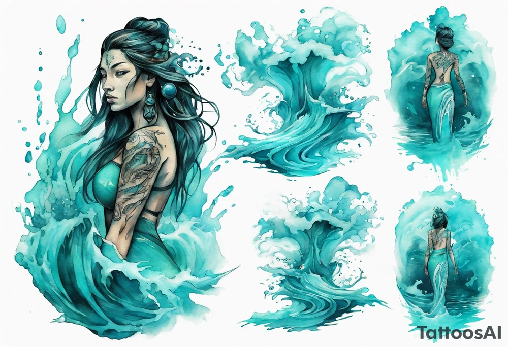 a turquoise Na'vi woman standing in the sea surrounded by crashing waves tattoo idea