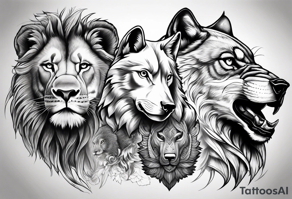 Faces of a Lion, and eagle, and a wolf tattoo idea