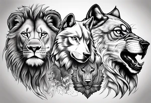 Faces of a Lion, and eagle, and a wolf tattoo idea