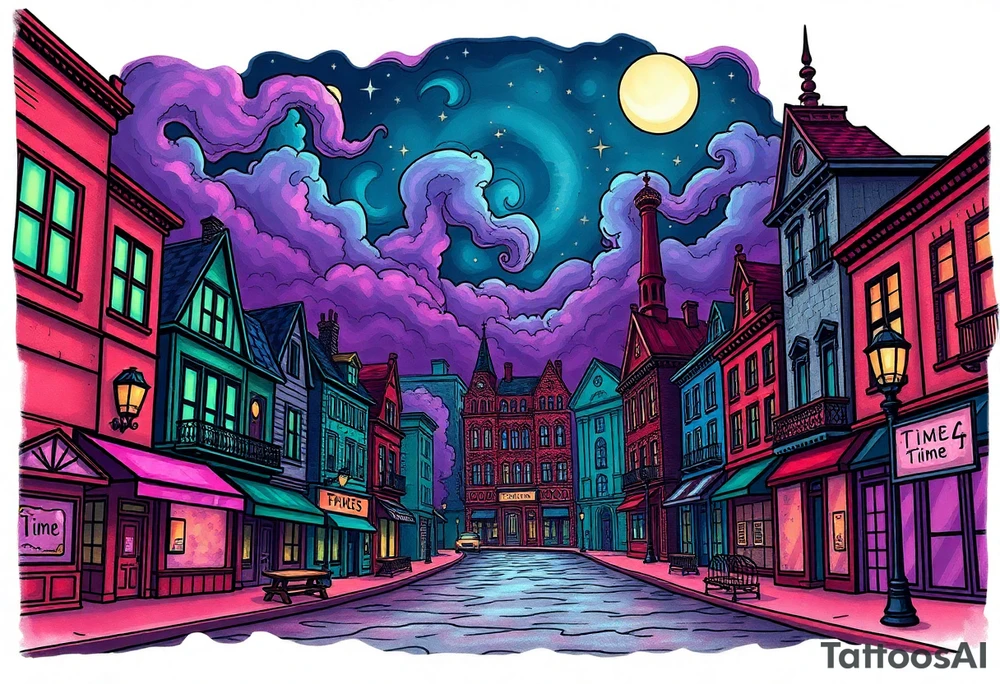 Tim Burton’s time square from outside view is the street abandoned and dripping with muted reds, dusty pinks, and eerie green glow purple and cyan smokey clouds swirl and dance in the moonlit night sky filled with twinkling stars  tattoo idea tattoo idea