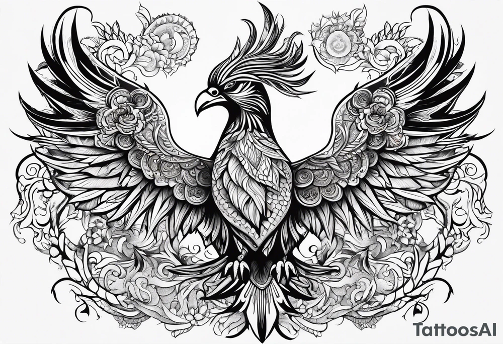 Tribal bohemian feminine impowering Phoenix rising with smoke, mandala sun, floral, lace background tattoo idea