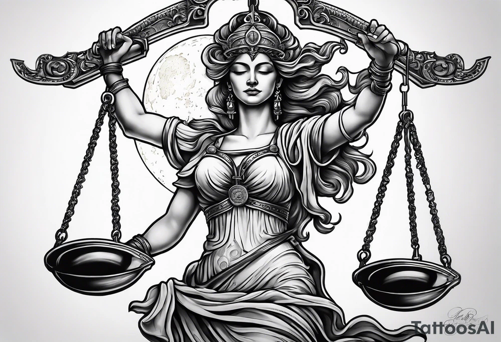 Themis holding the scales of justice while blindfolded with a moon in the background in color tattoo idea
