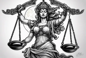 Themis holding the scales of justice while blindfolded with a moon in the background in color tattoo idea