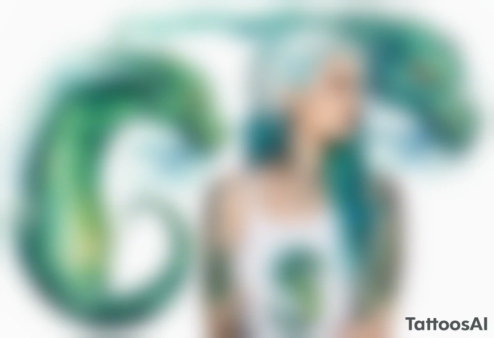 a sea serpent next to a women with blue-green hair wearing a white tunic tattoo idea