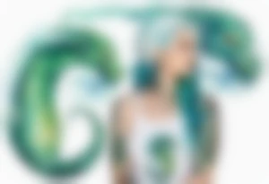 a sea serpent next to a women with blue-green hair wearing a white tunic tattoo idea