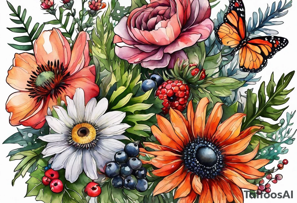 wildflowers with thistles, ferns, white anemones, sun flowers, orange flowers, green flowers, pink flowers, red flowers, berries and all in watercolor tattoo idea