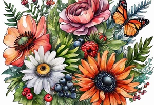 wildflowers with thistles, ferns, white anemones, sun flowers, orange flowers, green flowers, pink flowers, red flowers, berries and all in watercolor tattoo idea