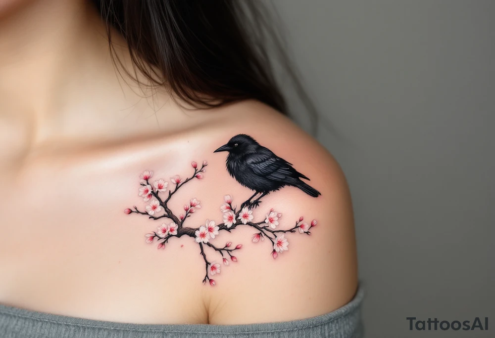 Crow with Cherry Blossoms – A serene crow resting on a branch of pink cherry blossoms. Contrast of black feathers and soft pink petals creates harmony. tattoo idea