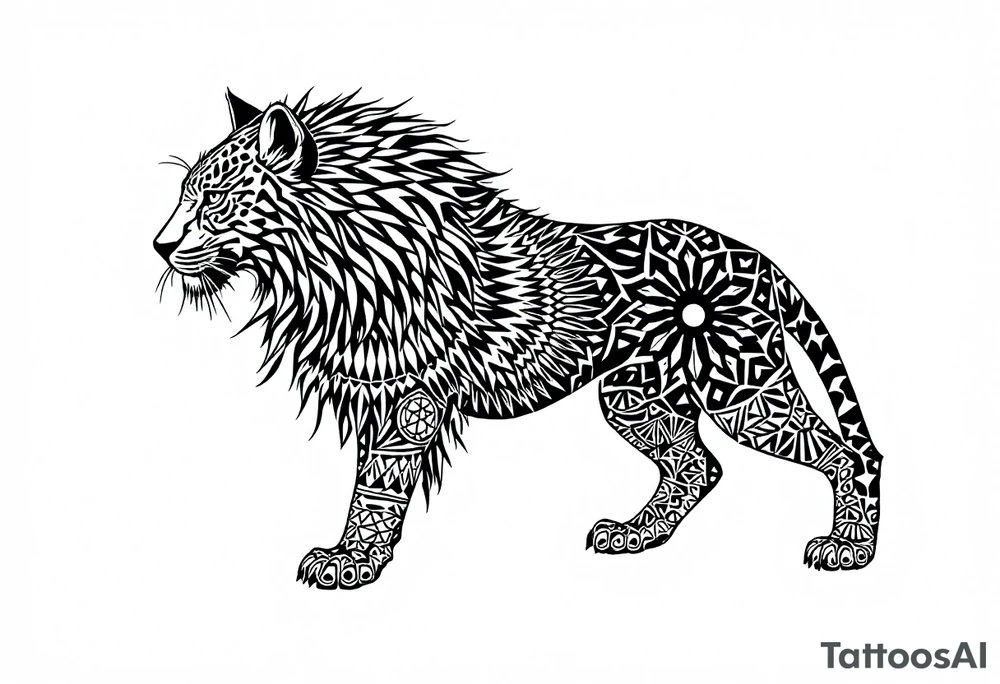 a mix the nemean lion, a warrior of the goddess Bastet, and a leopard, combined with the sun and French pattern, facing left in profile tattoo idea