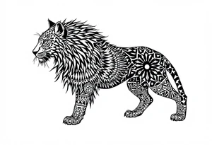 a mix the nemean lion, a warrior of the goddess Bastet, and a leopard, combined with the sun and French pattern, facing left in profile tattoo idea