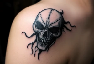 A Death Eater mask with battle scars, cracked from countless duels, with dark energy emanating from within tattoo idea