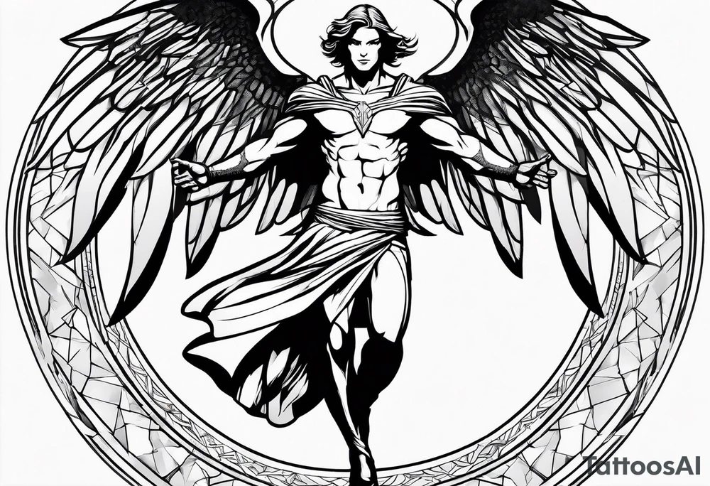 Angel in the pose of a superhero landing tattoo idea