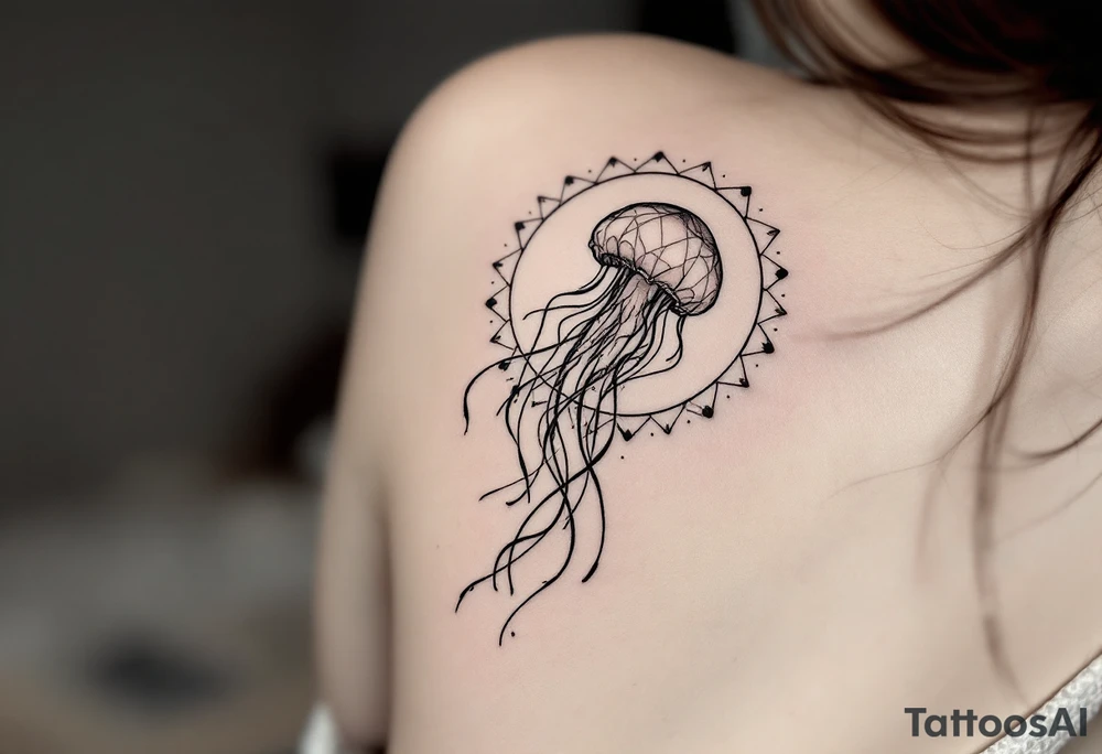 minimal fine-line tattoo, single jellyfish, sacred geometry surround, dotwork patterns, jellyfish bell dome, flowing tentacles, trailing streamers, geometric mandala, radiating dotwork, minimalist design, black grey lines, soft shading, no outlines, geometric frame, organic jellyfish form, upper arm shoulder placement, light airy feel, delicate linework, geometric backdrop, clean lines, radiating patterns, simple jellyfish centerpiece, minimalist tattoo idea