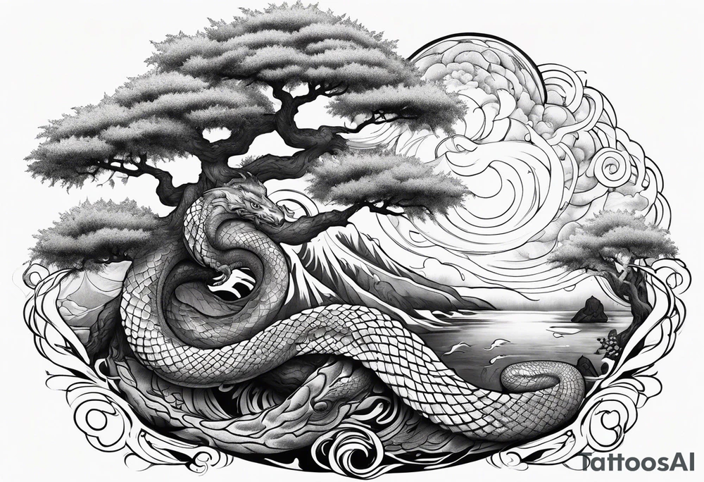 Jormungandr wrapped around world tree with water enveloping tattoo idea