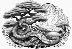 Jormungandr wrapped around world tree with water enveloping tattoo idea