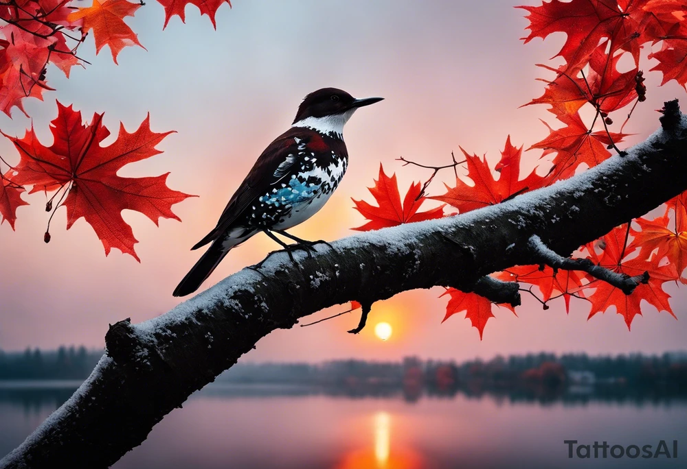 trash polka style. Arm tattoo. chest tattoo. Long tattoo. large tattoo. Full sleeve. Shoulder. A single large maple tree with red autumn leaves that branches upwards from wrist to shoulder. White-throated dipper bird on the trees branches. Calluna flowers at the base of the trees stem. Red/yellow sunset behind the trees stem. Leaves falling. tattoo idea