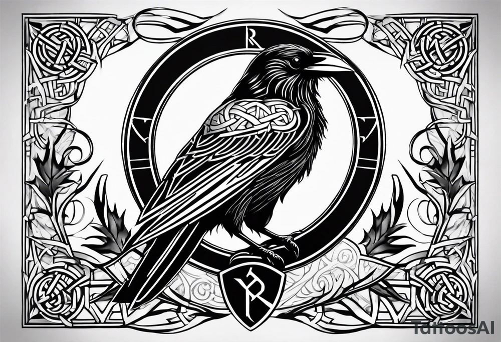 Black and white odins raven in a Norse rune style for placement on the neck with the ravens wings going up the sides of the neck. Norse knots and runes throughout tattoo idea