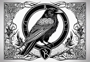 Black and white odins raven in a Norse rune style for placement on the neck with the ravens wings going up the sides of the neck. Norse knots and runes throughout tattoo idea