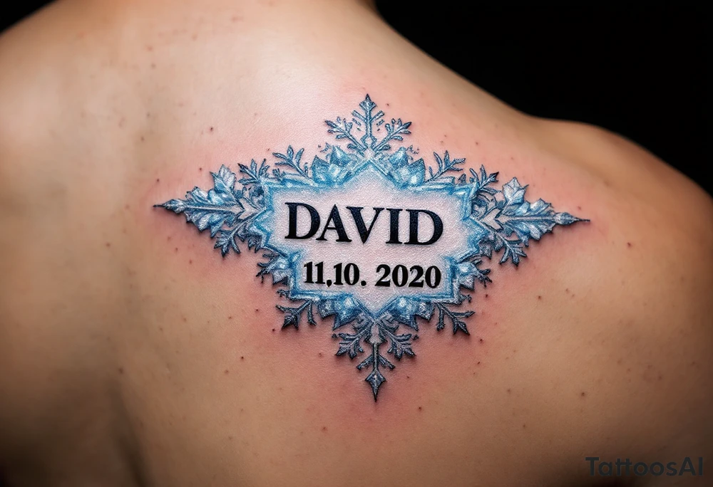 David 11. 10. 2020 – Icicle-like designs of light blue and white, framing David's birthdate, with a snowflake pattern and soft frost detailing. tattoo idea