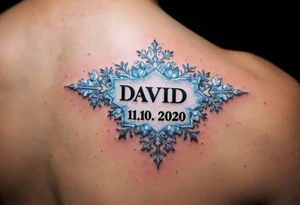 David 11. 10. 2020 – Icicle-like designs of light blue and white, framing David's birthdate, with a snowflake pattern and soft frost detailing. tattoo idea