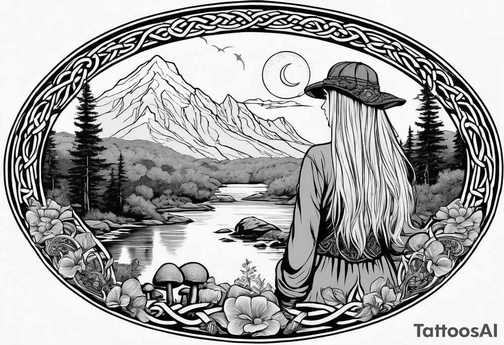Whole picture encircled fully

Straight long blonde hair celestial girl in distance holding mushrooms in hand facing away toward mountains and creek surrounded by mushrooms long sleeve shirt and hiking pants; whole rendering within a full celtic circle border, no cut off circle tattoo idea
