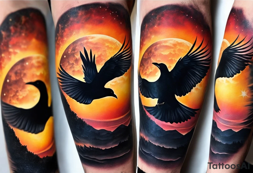 Ying-yang tattoo on mans forearm, where one side captures the night sky with a bright full moon, and the other side showcases the warm hues of a sunset. The moon side features a stunning depiction of a crow in flight, adding a touch of magic and wonder to the design. On the sunset side, the small silhouettes of a man, woman, and two teenage boys walking toward the sunset create a sense of togetherness and family. Around the circle the words "Life is hard, you have to change" are written in child's writing tattoo idea