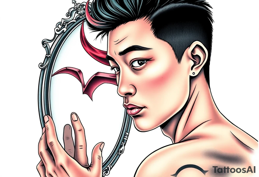 Handsome Asian young guy is looking in cursed mirror and see devil tattoo idea