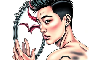 Handsome Asian young guy is looking in cursed mirror and see devil tattoo idea