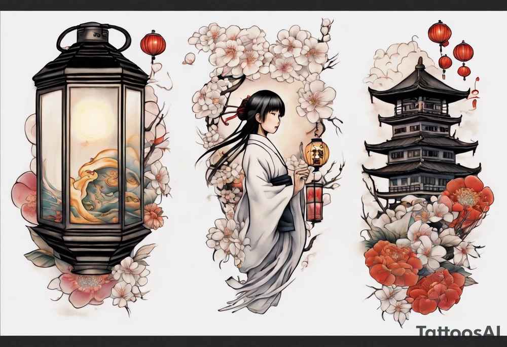 spirited away sleeve, chihiro uchigo, lanterns, blossoms, spirits, sen, tattoo idea